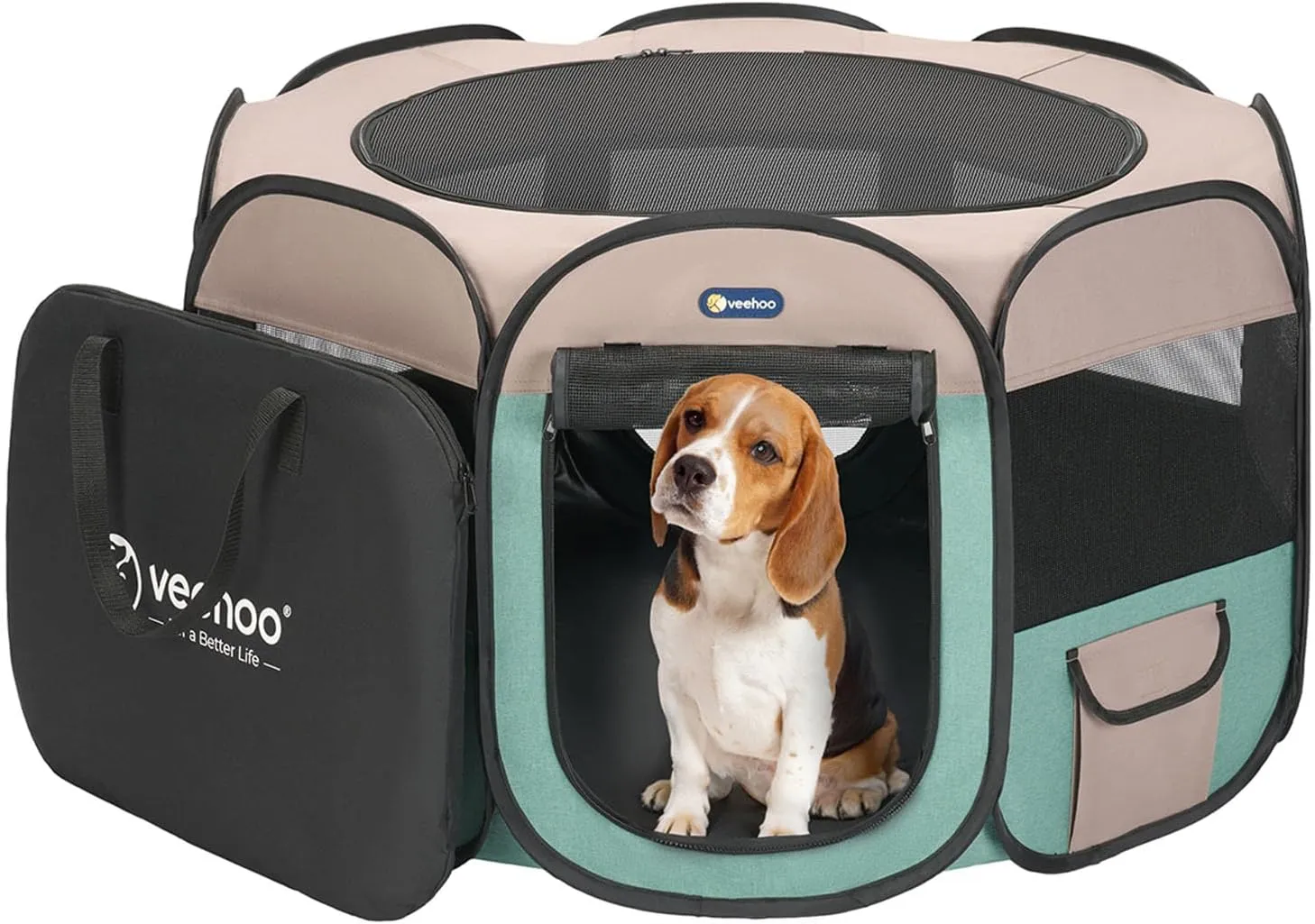 Veehoo Portable Dog Playpen - Medium Dog Playpen Indoor/Outdoor with Removable Zipper Top, Foldable Dog Play Pen Pet Playpen with Carrying Case, Green