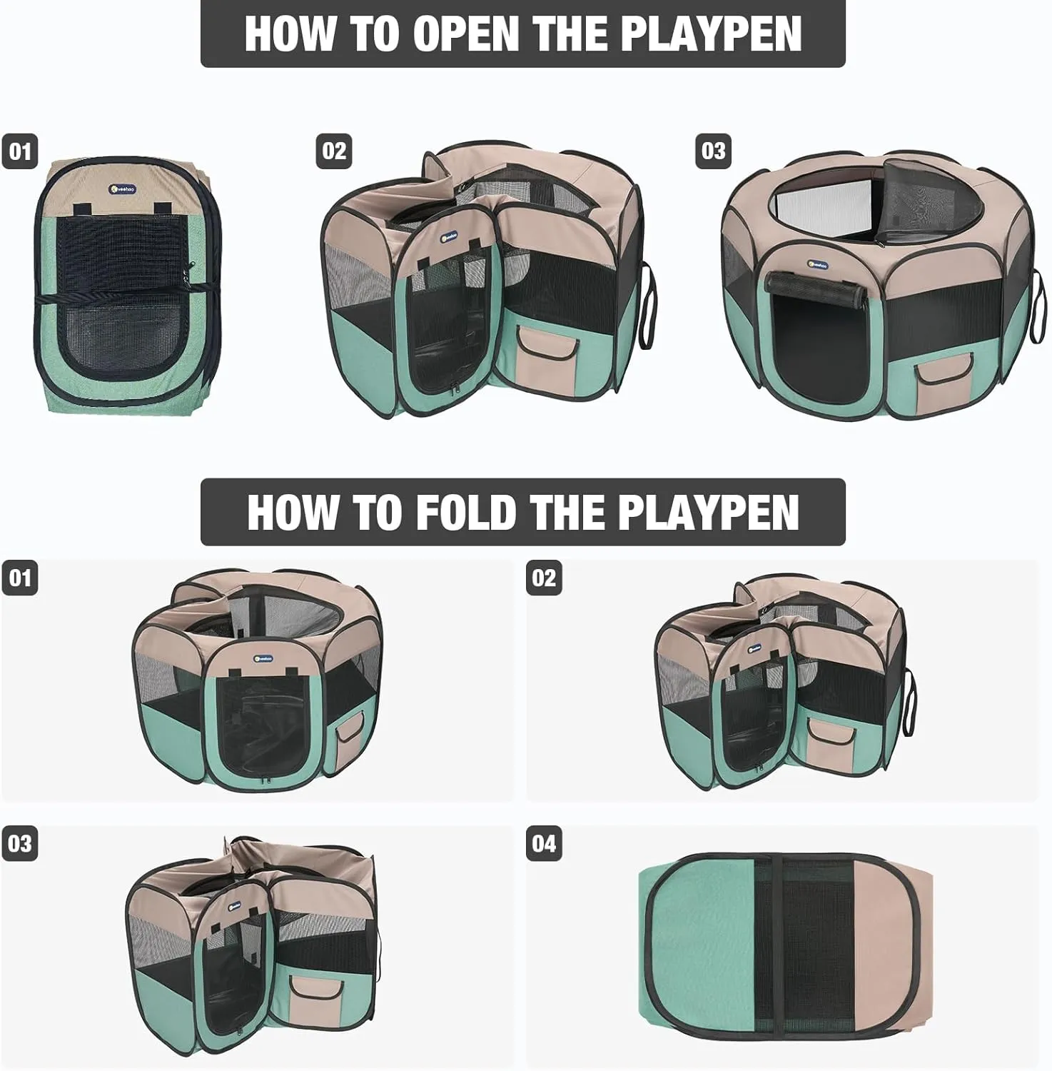 Veehoo Portable Dog Playpen - Medium Dog Playpen Indoor/Outdoor with Removable Zipper Top, Foldable Dog Play Pen Pet Playpen with Carrying Case, Green