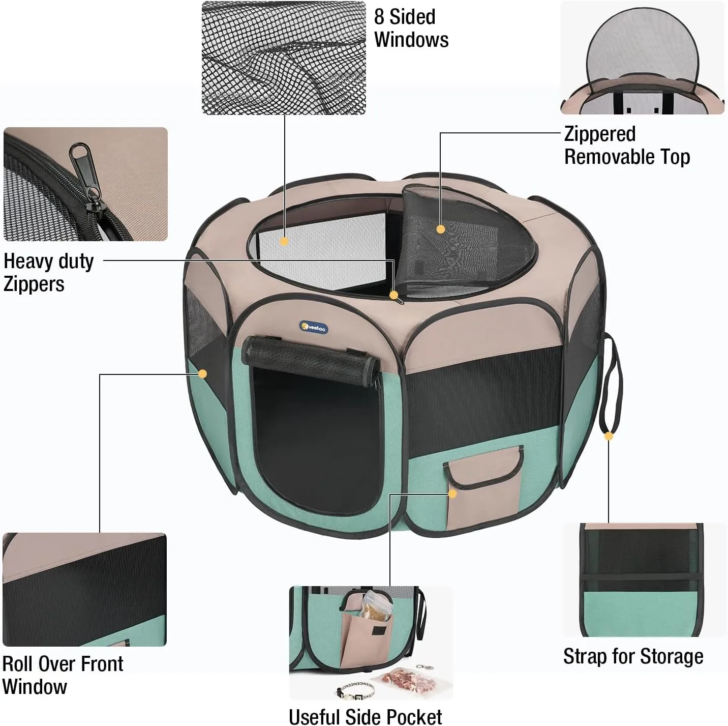 Veehoo Portable Dog Playpen - Medium Dog Playpen Indoor/Outdoor with Removable Zipper Top, Foldable Dog Play Pen Pet Playpen with Carrying Case, Green