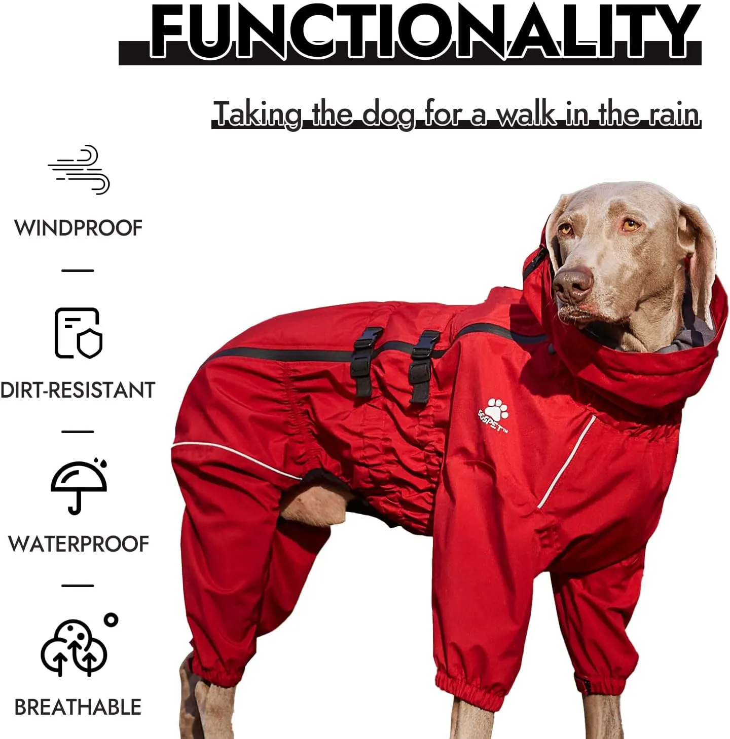 Waterproof Pet Raincoat, 4 Legs Design with Leash Hole and Reflective Strips, Lightweight Poncho for Small to Medium Dogs, Puppy Rain Jacket (Red, 2XL)