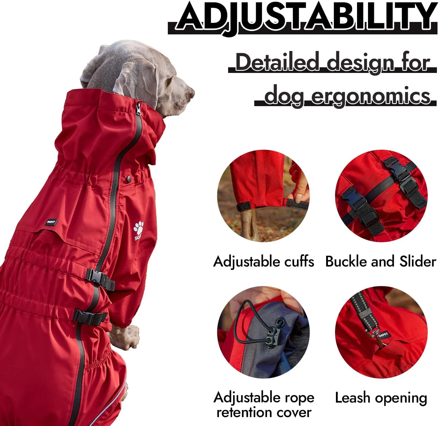 Waterproof Pet Raincoat, 4 Legs Design with Leash Hole and Reflective Strips, Lightweight Poncho for Small to Medium Dogs, Puppy Rain Jacket (Red, 2XL)