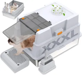 XXXL Stainless Steel Litter Box with Lid,XXXL Enclosed Metal Cat Litter Box for Big Cats,Multiple Cats,with Litter Scoop & Foot Pedal,Odor Control,Easy Cleaning